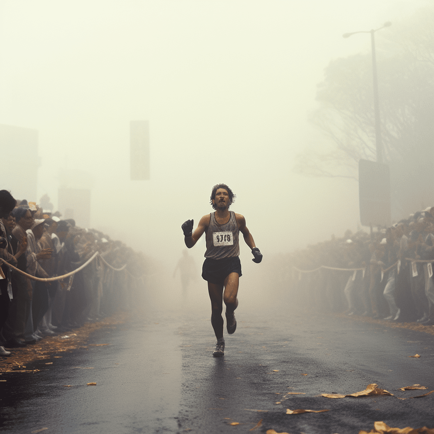 Runner pushing through a rain-soaked race