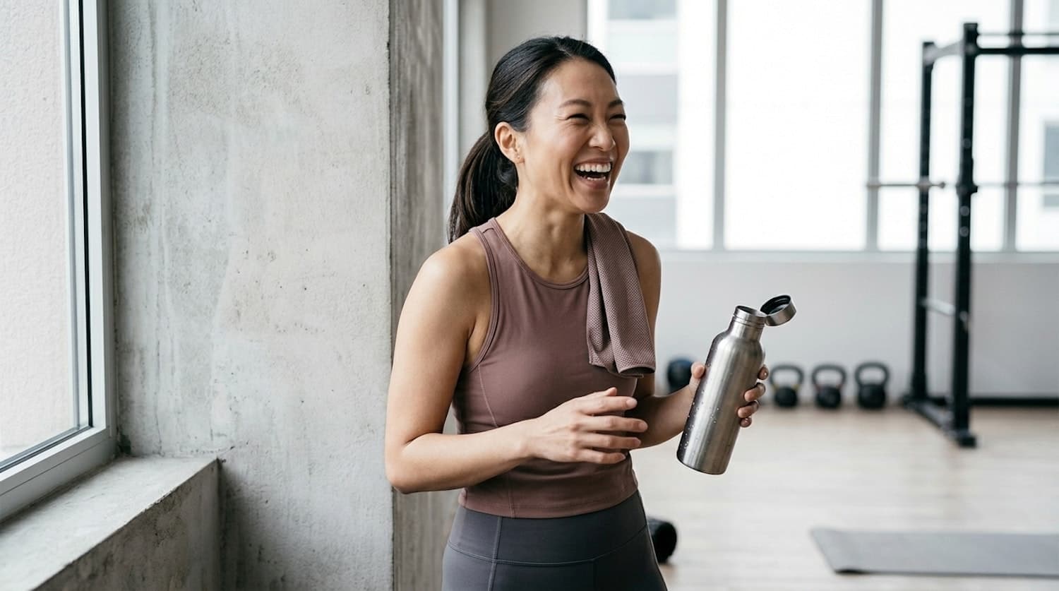Woman smiling with a water bottle between sets
