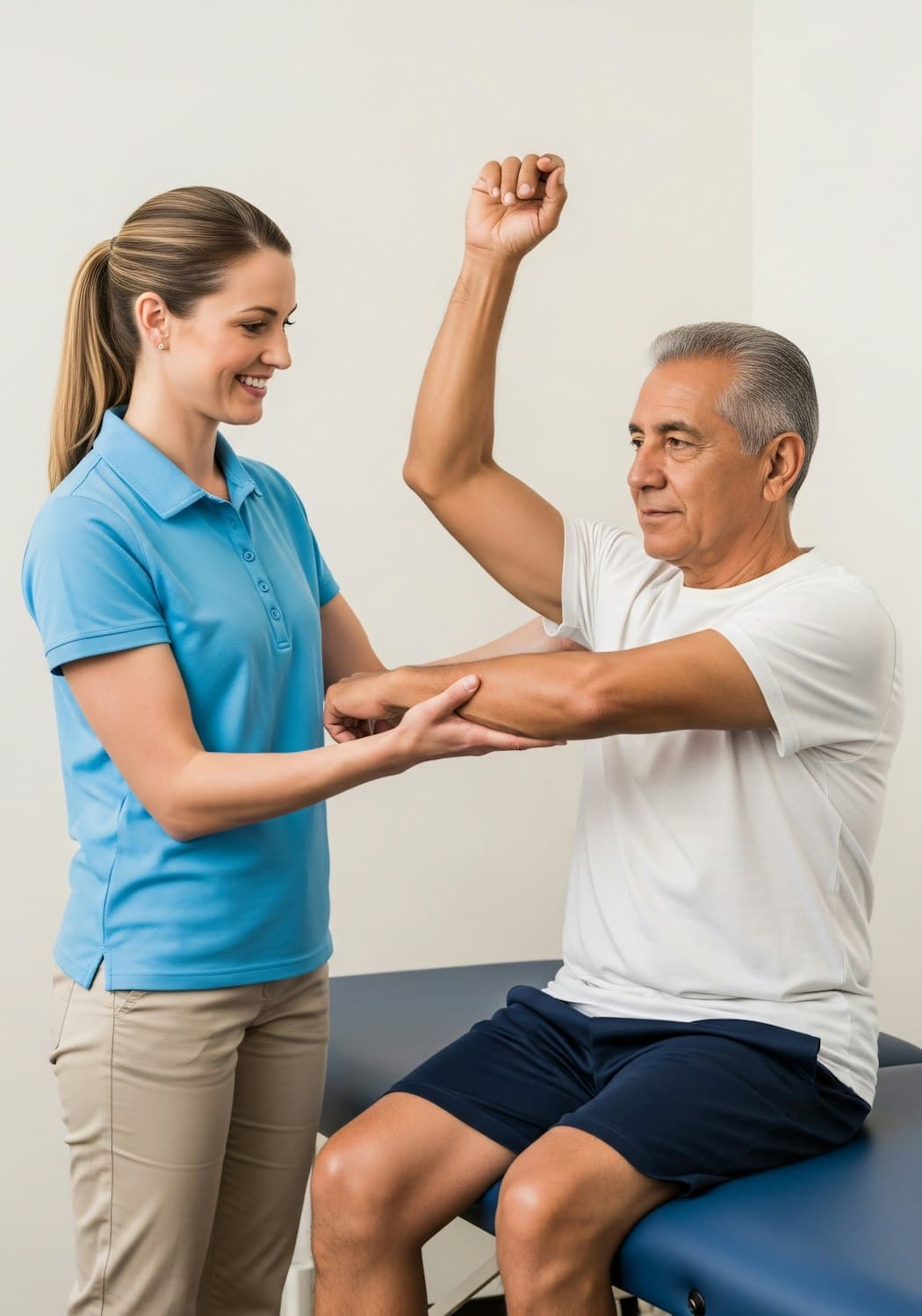 Coach guiding a client through an arm exercise