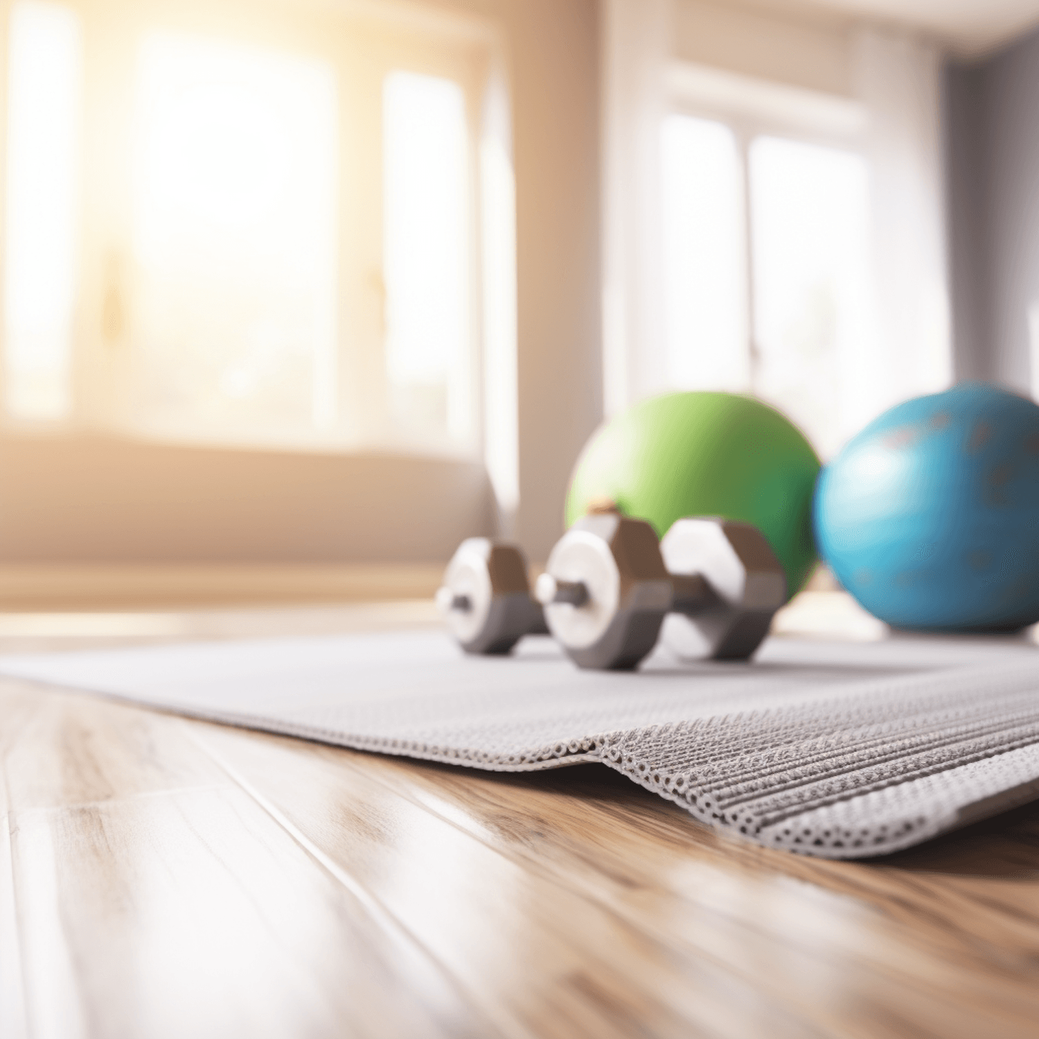 Home training setup with a mat, dumbbells and exercise balls in warm light