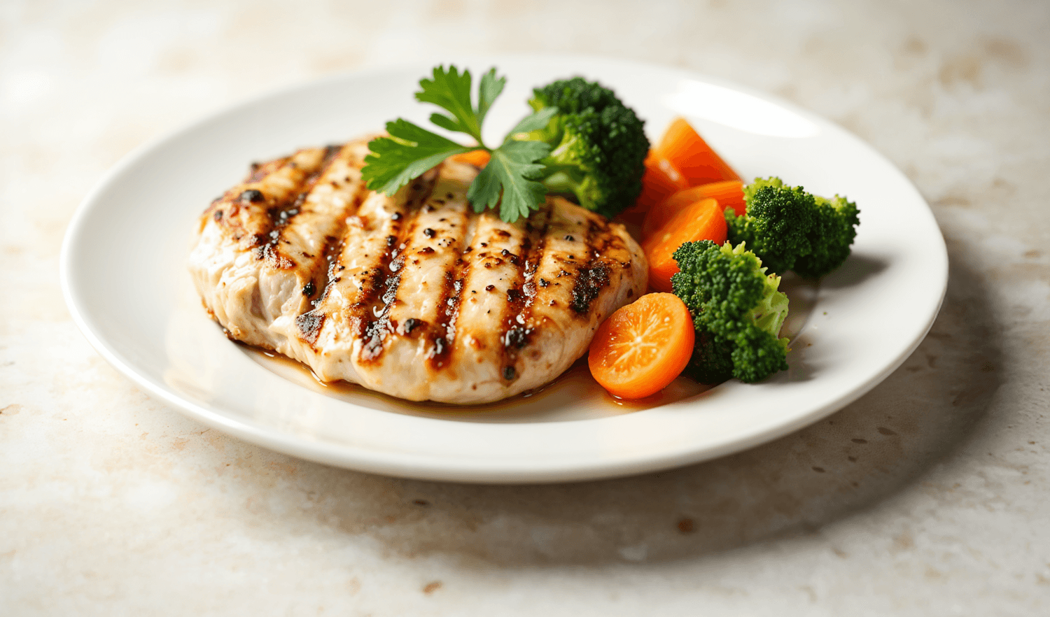 Grilled chicken served with carrots and broccoli on a white plate